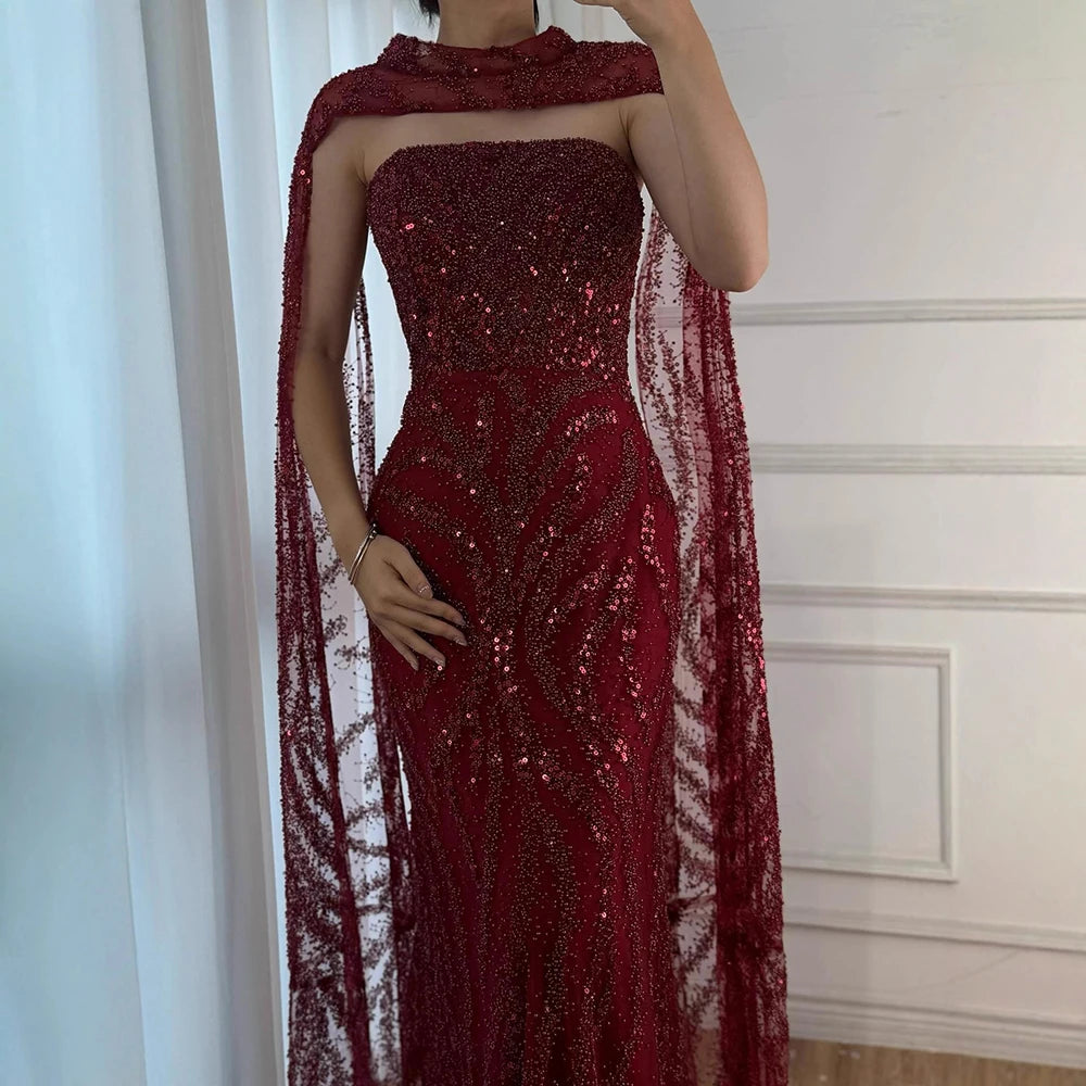 Luxury Nude Beaded Evening Dress with Cape Sleeves LA72824 - SERENE HILL