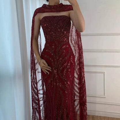 Luxury Nude Beaded Evening Dress with Cape Sleeves LA72824 - SERENE HILL