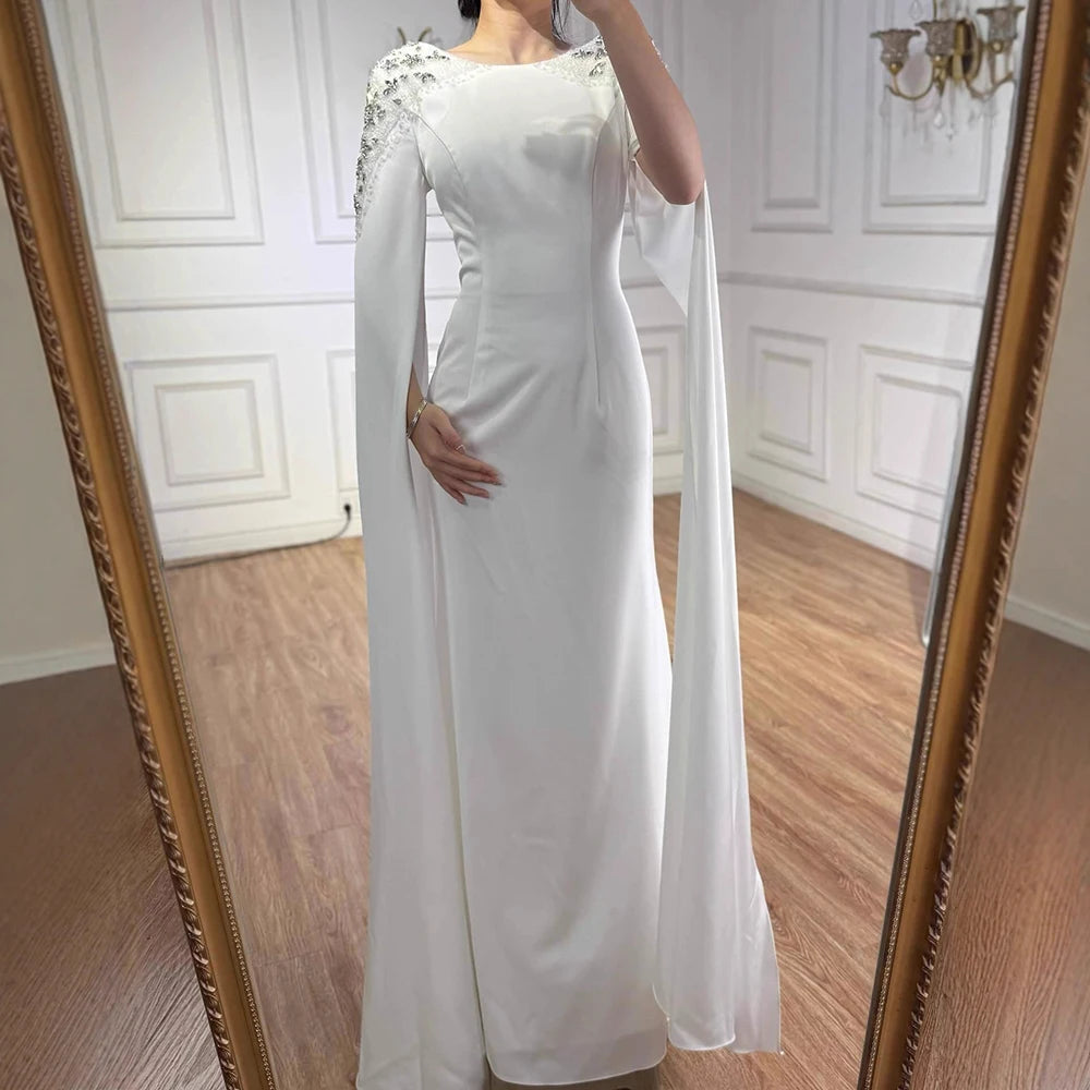 Luxury White Mermaid Evening Dress with Cape LA70934 - SERENE HILL