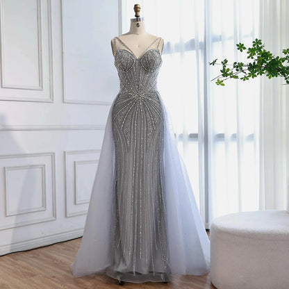 Luxury Nude Spaghetti Strap Mermaid Evening Dress with Overskirt Beaded LA73090 - SERENE HILL