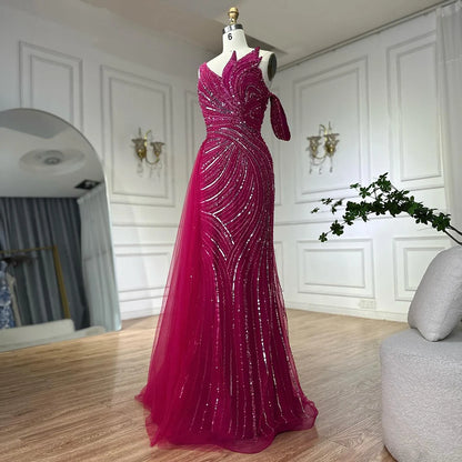 Luxury Dubai Arabic Pink Mermaid Elegant One Shoulder Beaded Long Evening Dresses Gowns for Formal Occasion LA72662A - SERENE HILL