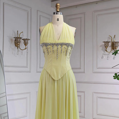 Luxury Designer Sage Green Chiffon Halter Beaded Evening Dress LA73074 - SERENE HILL
