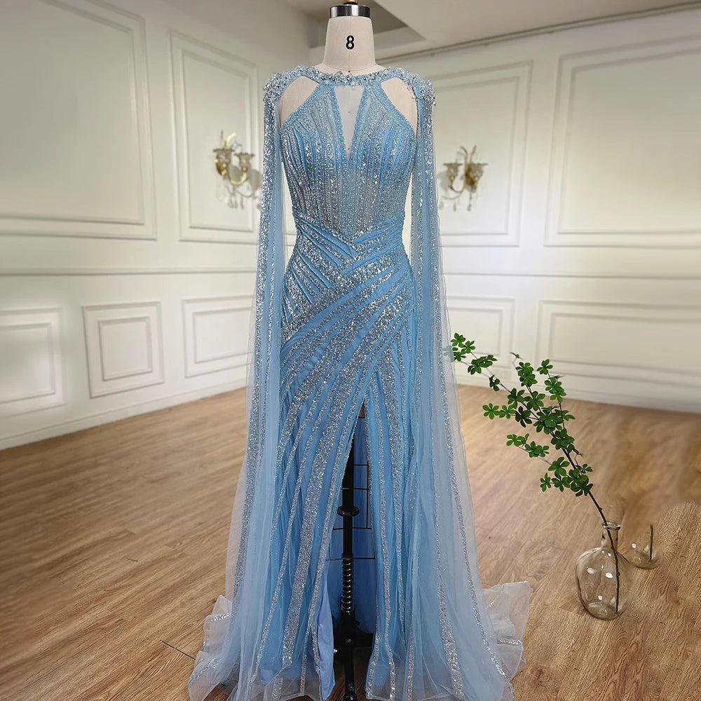 Luxury Crystal Yellow Evening Dress with Cape Sleeves LA72085 - SERENE HILL