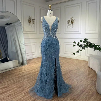 Serene Hill Gold Sexy High Split Mermaid Evening Dresses Gowns Backless Luxury Beaded Feather 2025 For Women Party LA71583 - SERENE HILL