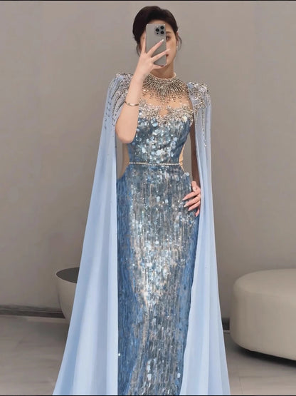 Luxury Dubai Blue Mermaid Evening Dress with Cape LA73419 - SERENE HILL
