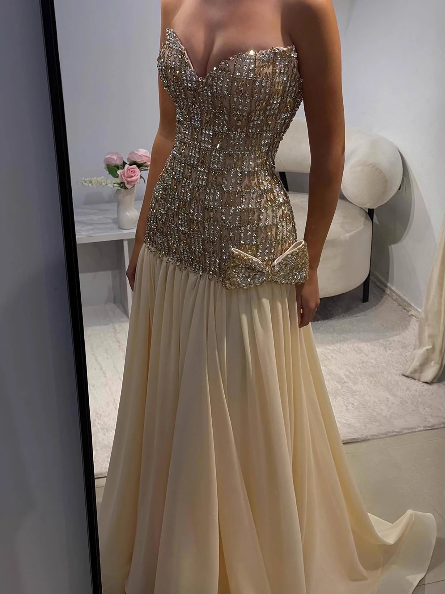 Luxury Champagne A-Line Crystal Beaded Evening Dress LA73361 - SERENE HILL