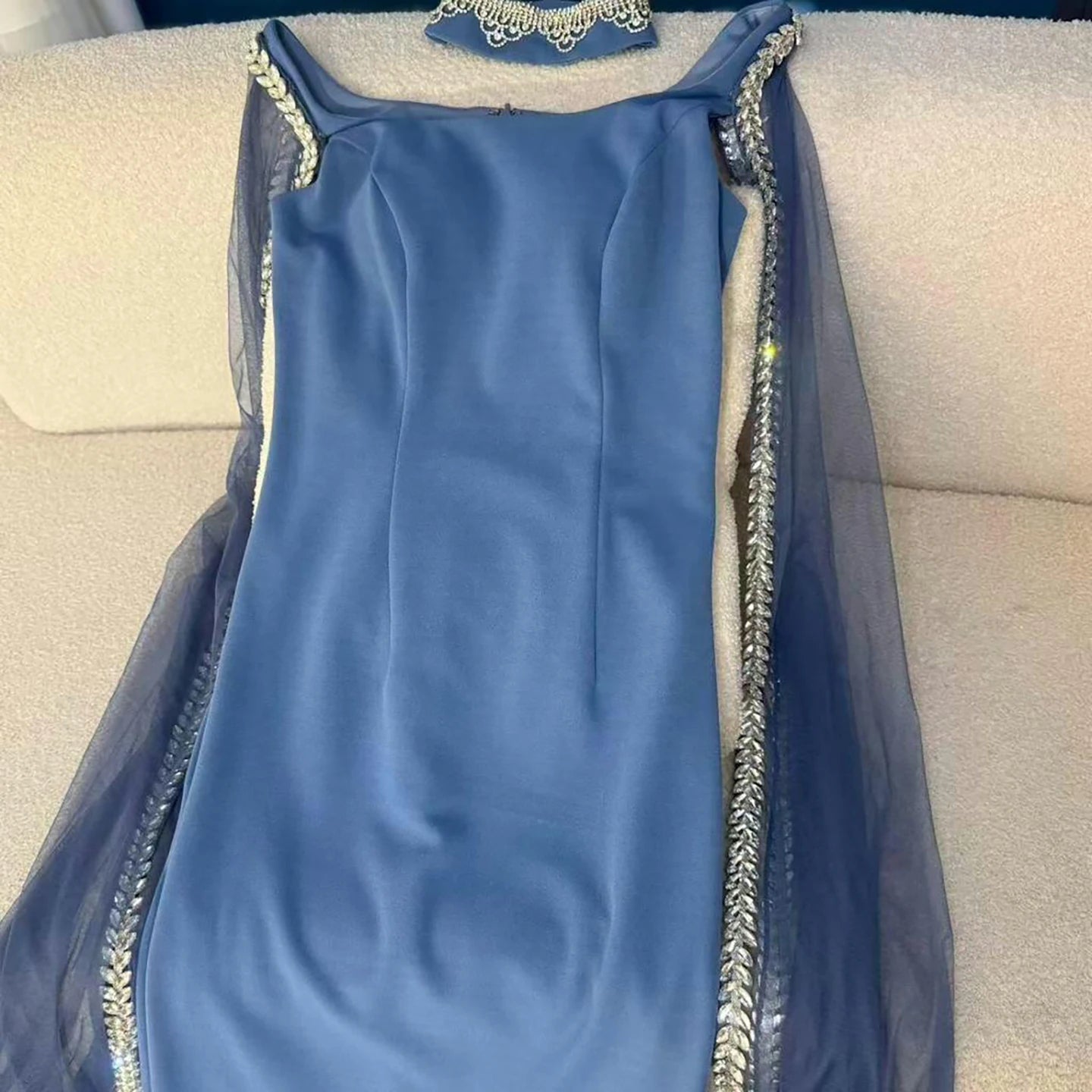 Luxury Blue Mermaid Beaded Evening Dress with Cape Sleeves LA72086 - SERENE HILL