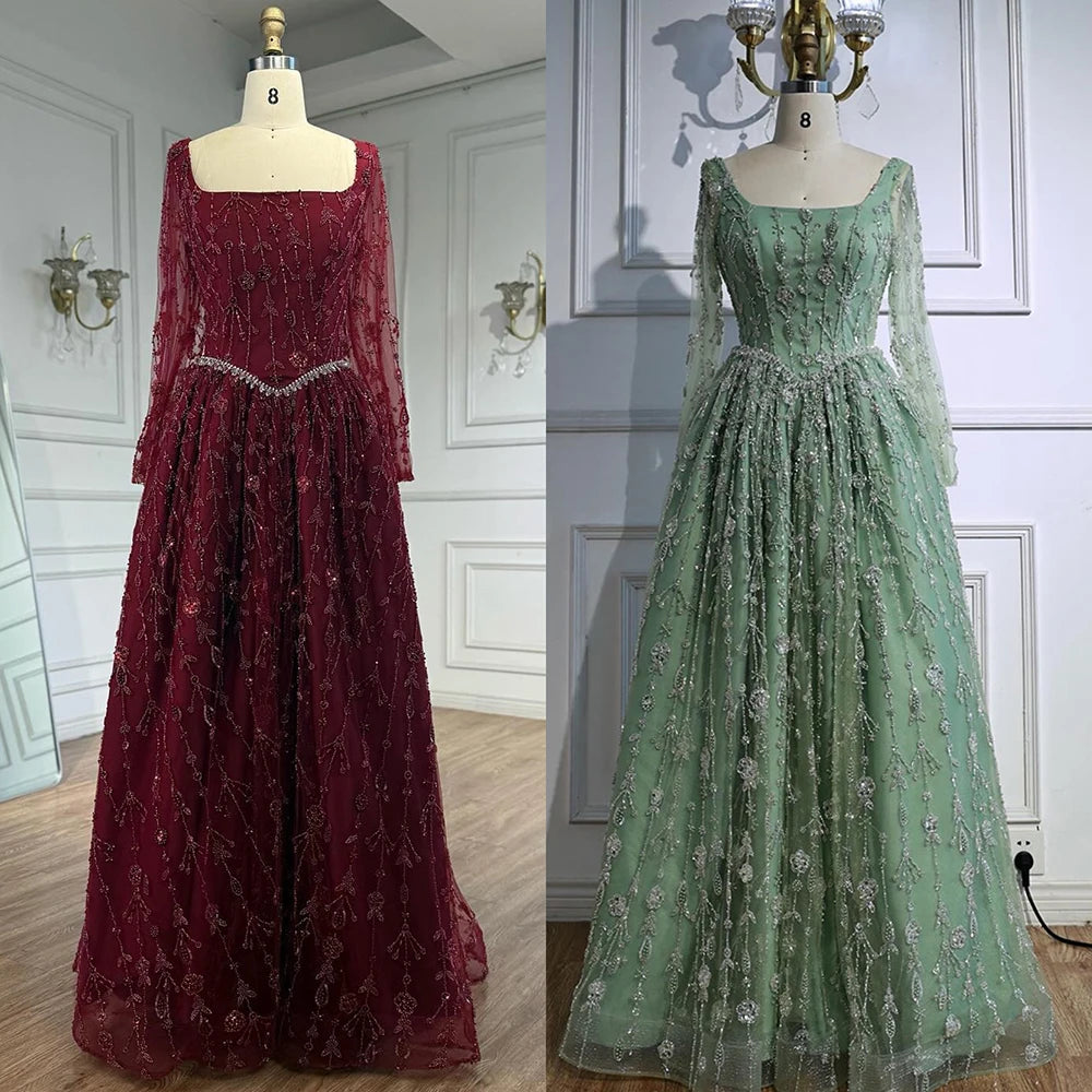 Luxury Sage Green Beaded Evening Dress with Long Sleeves LA72805B - SERENE HILL