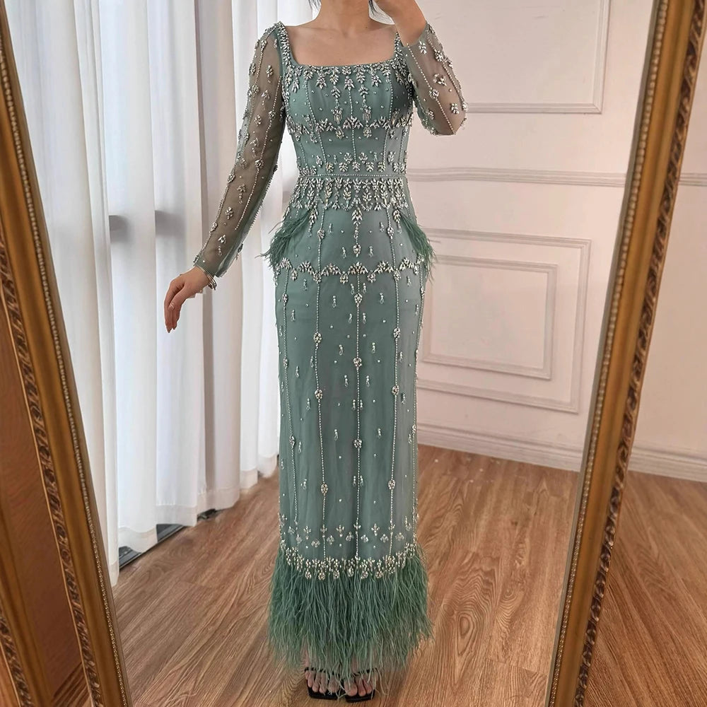 Muslim Luxury Feather Ankle Evening Dress with Long Sleeves LA71722 - SERENE HILL