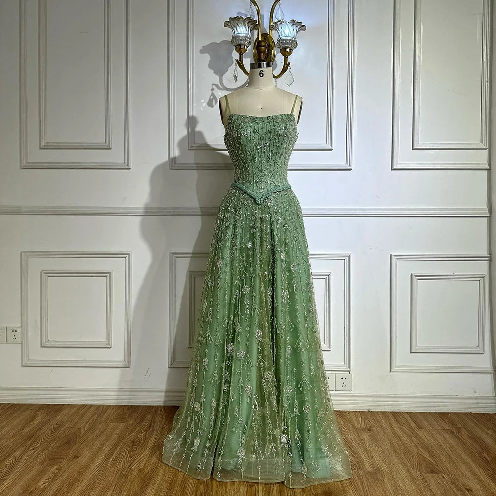 Luxury Sage Green Beaded A-Line Spaghetti Strap Evening Dress LA72805 - SERENE HILL