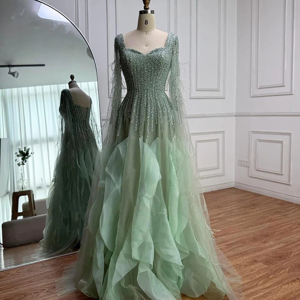 Luxury Sage Green A lina Evening Dress With Cape LA72984 - SERENE HILL