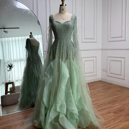 Luxury Sage Green A lina Evening Dress With Cape LA72984 - SERENE HILL