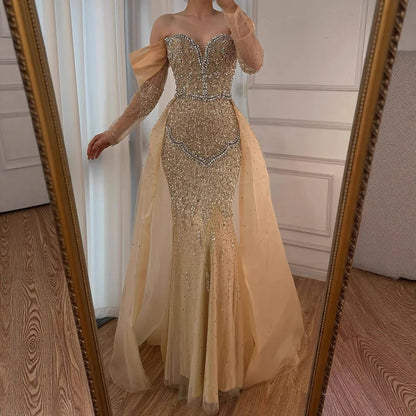 Luxury Nude Beaded Mermaid Evening Dress With Overskirt LA72879 - SERENE HILL