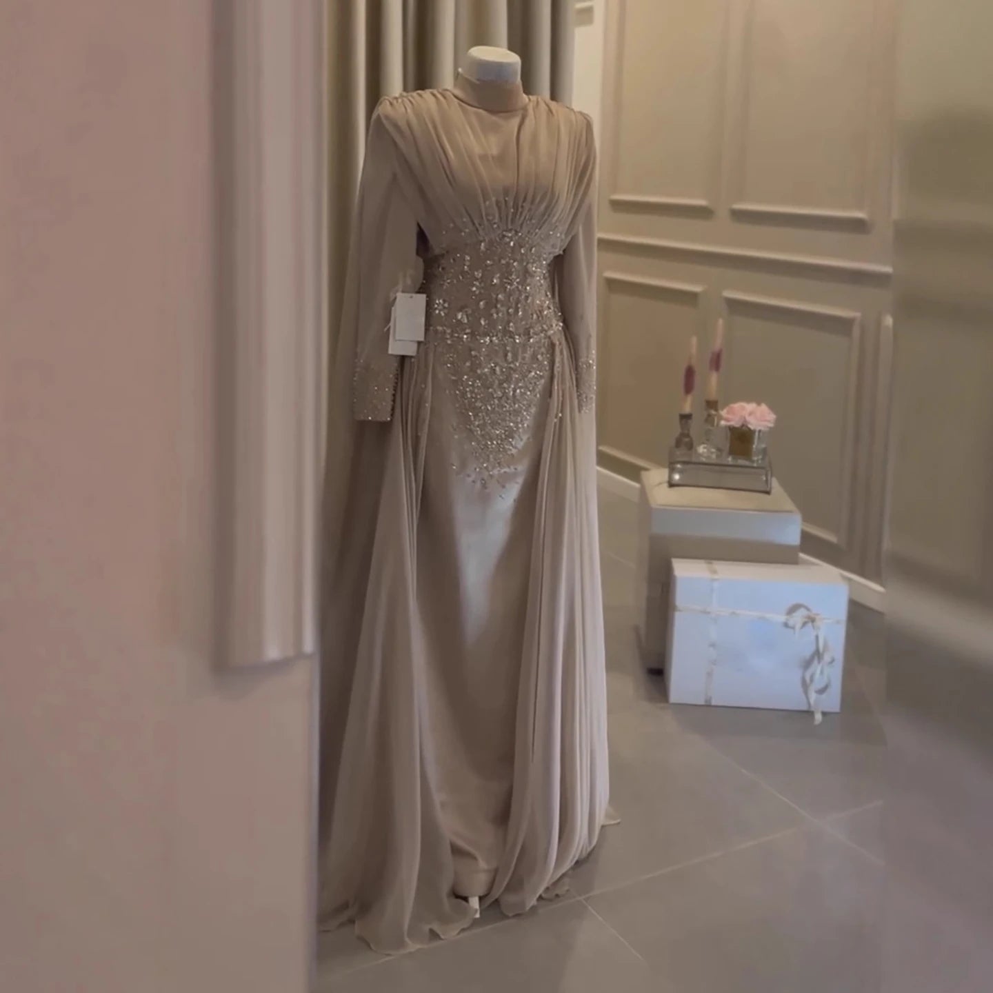 Luxury Caramel Crystal Beaded Mermaid Muslim Evening Dress LA73427 - SERENE HILL