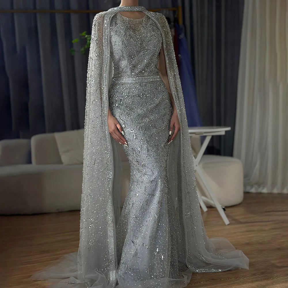 Luxury Gray Arabic Mermaid Evening Dress with Cape LA72180 - SERENE HILL