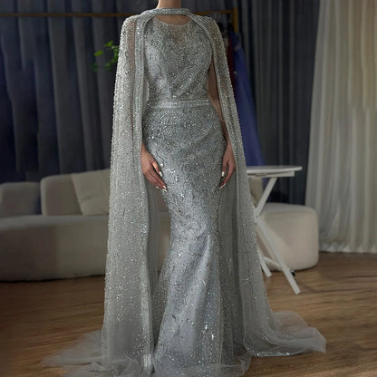 Luxury Gray Arabic Mermaid Evening Dress with Cape LA72180 - SERENE HILL