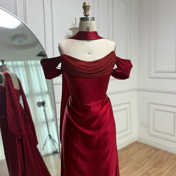 Luxury Wine Red Satin Evening Dress Elegant Gown LA73168