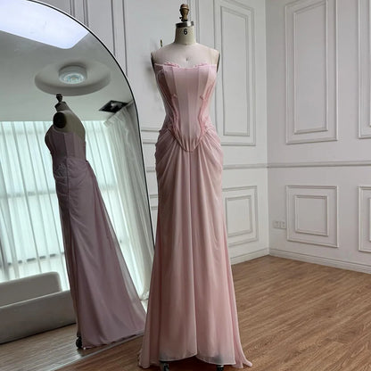 Pink Draped Satin Evening Dress with Rose Neck LA72946 - SERENE HILL
