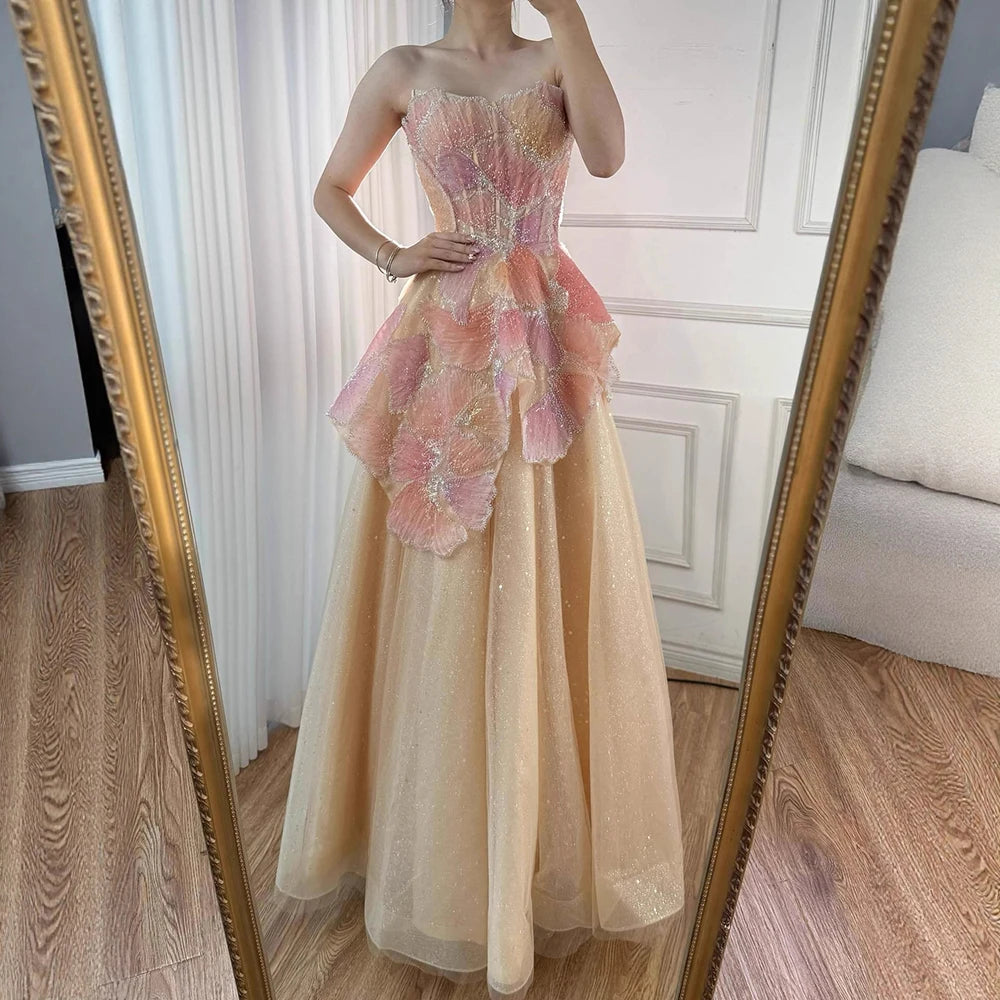 Luxury Peach Floral Appliqué A-Line Sparkly Evening Dress LA73185 - SERENE HILL