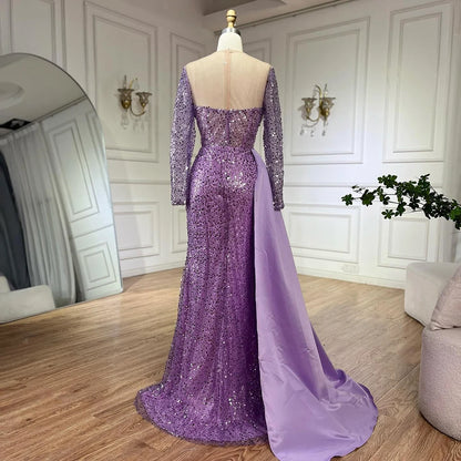 Serene Hill Purple Mermaid Elegant With Overskirt Luxury Pearls Beaded Evening Dresses Gowns for Women Wedding Party LA72429 - SERENE HILL