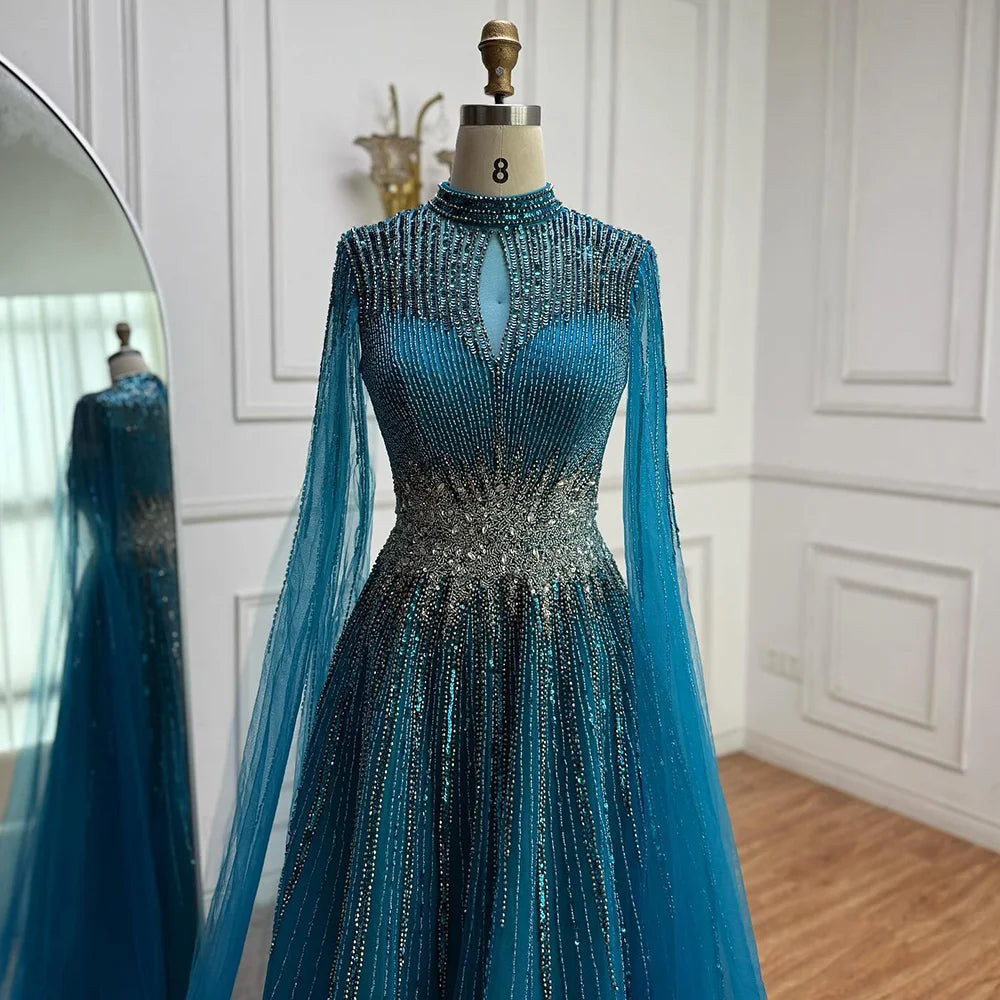 Luxury Modest Blue Beaded Evening Dress with Cape LA73059 - SERENE HILL