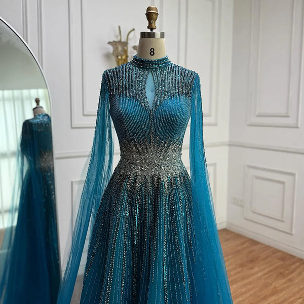 Luxury Modest Blue Beaded Evening Dress with Cape LA73059