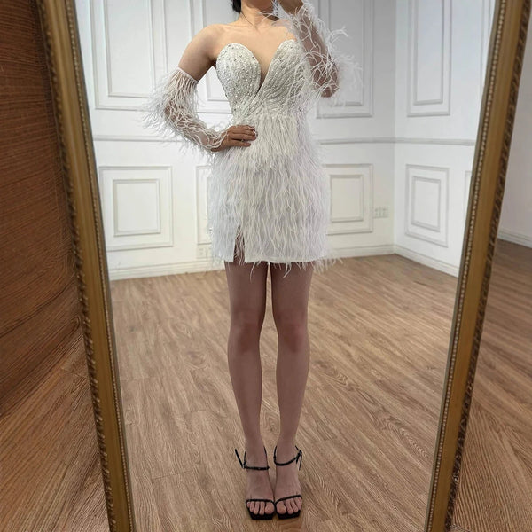 Luxury Blue Tube Top Long Sleeve Beaded Mermaid Feather Cocktail Dress LA71770