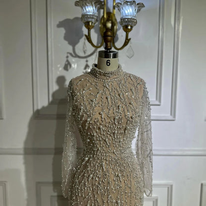 Luxury Dubai Saudi Arabic Luxury Pearls Beaded Nude Mermaid Evening Gown for Formal Occasion LA72345A - SERENE HILL