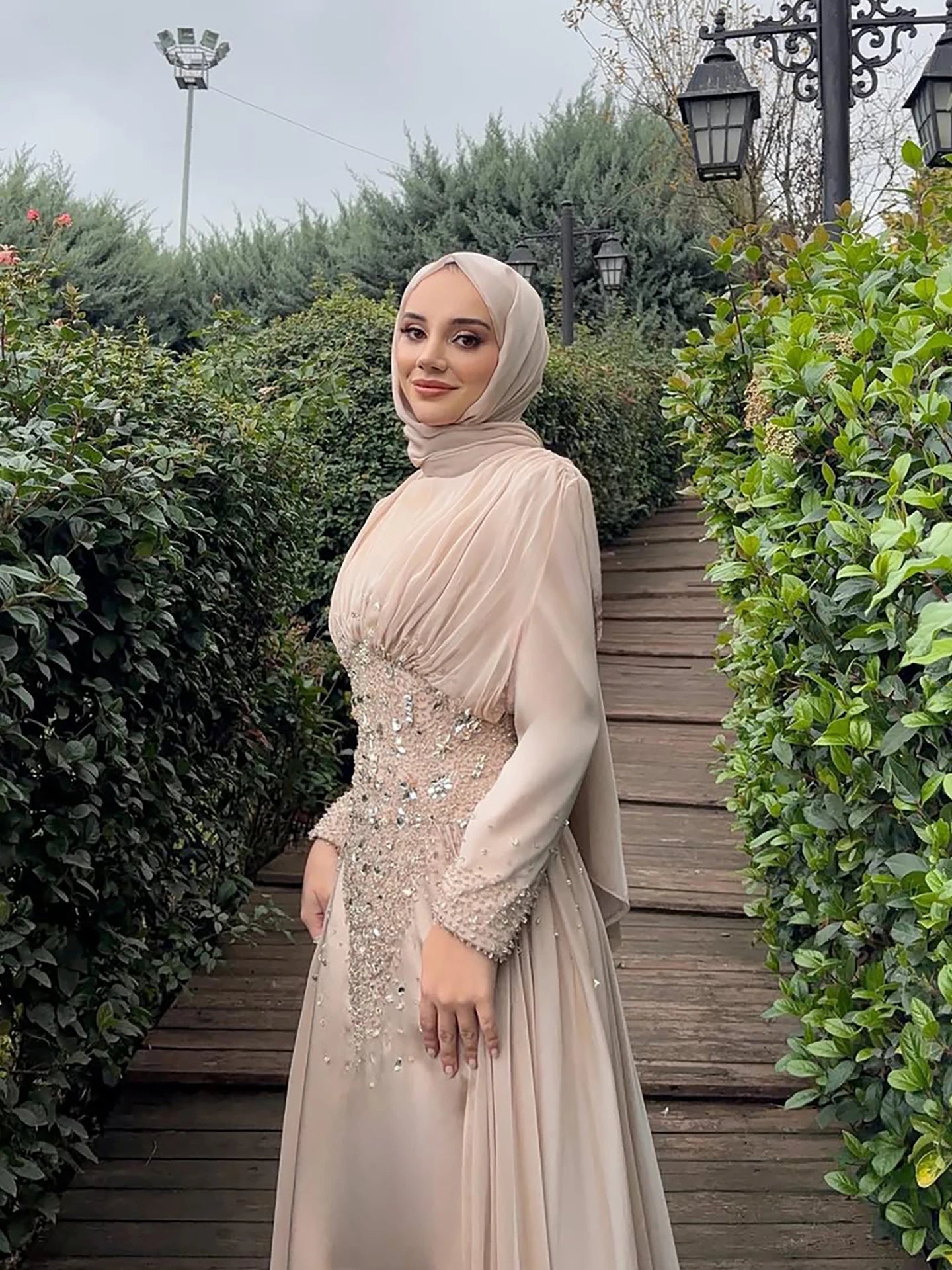 Luxury Caramel Crystal Beaded Mermaid Muslim Evening Dress LA73427 - SERENE HILL