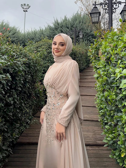 Luxury Caramel Crystal Beaded Mermaid Muslim Evening Dress LA73427 - SERENE HILL