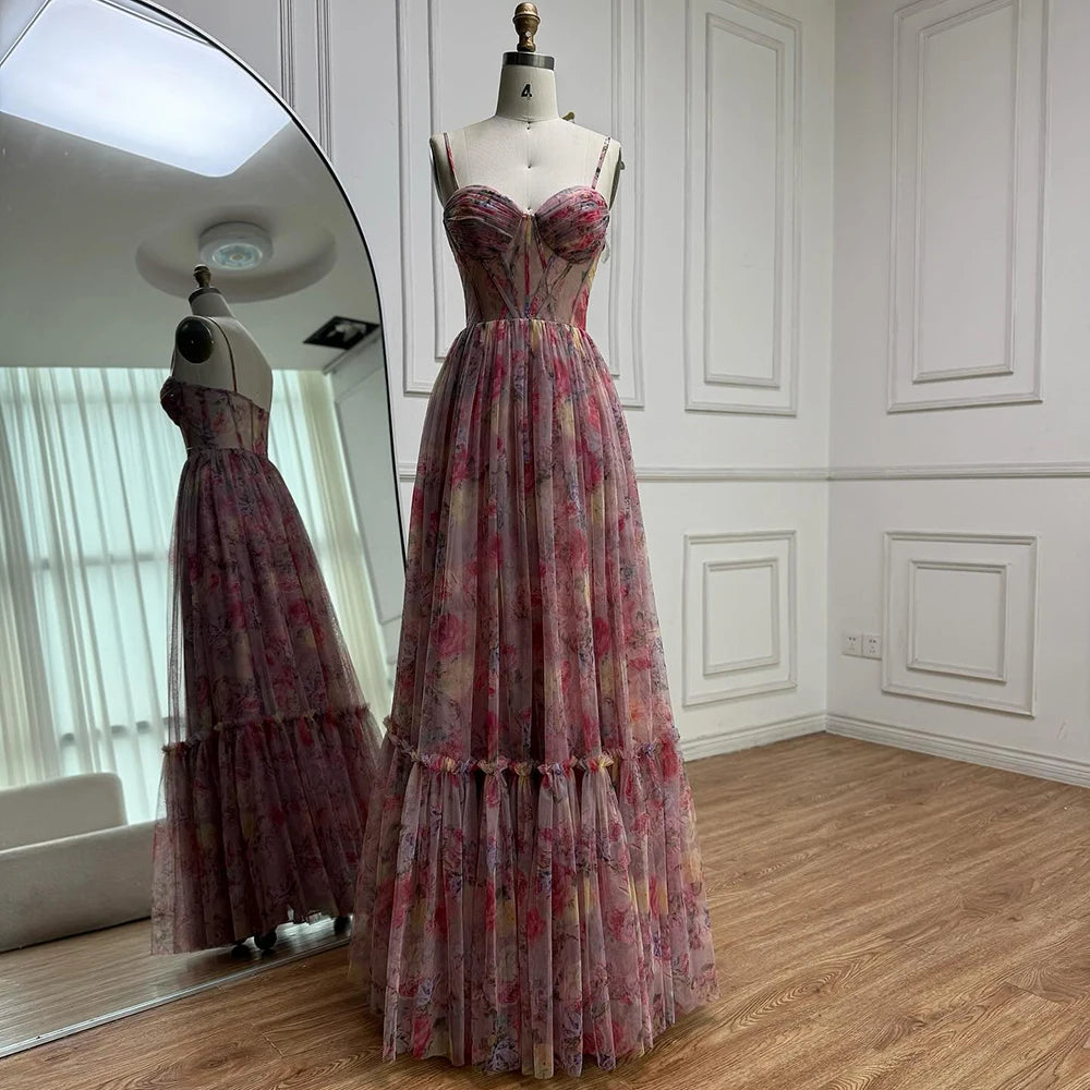 SERENE HILL Pink A-Line Tulle Printed Ruffle Tiered Prom Dress LA73149 - SERENE HILL