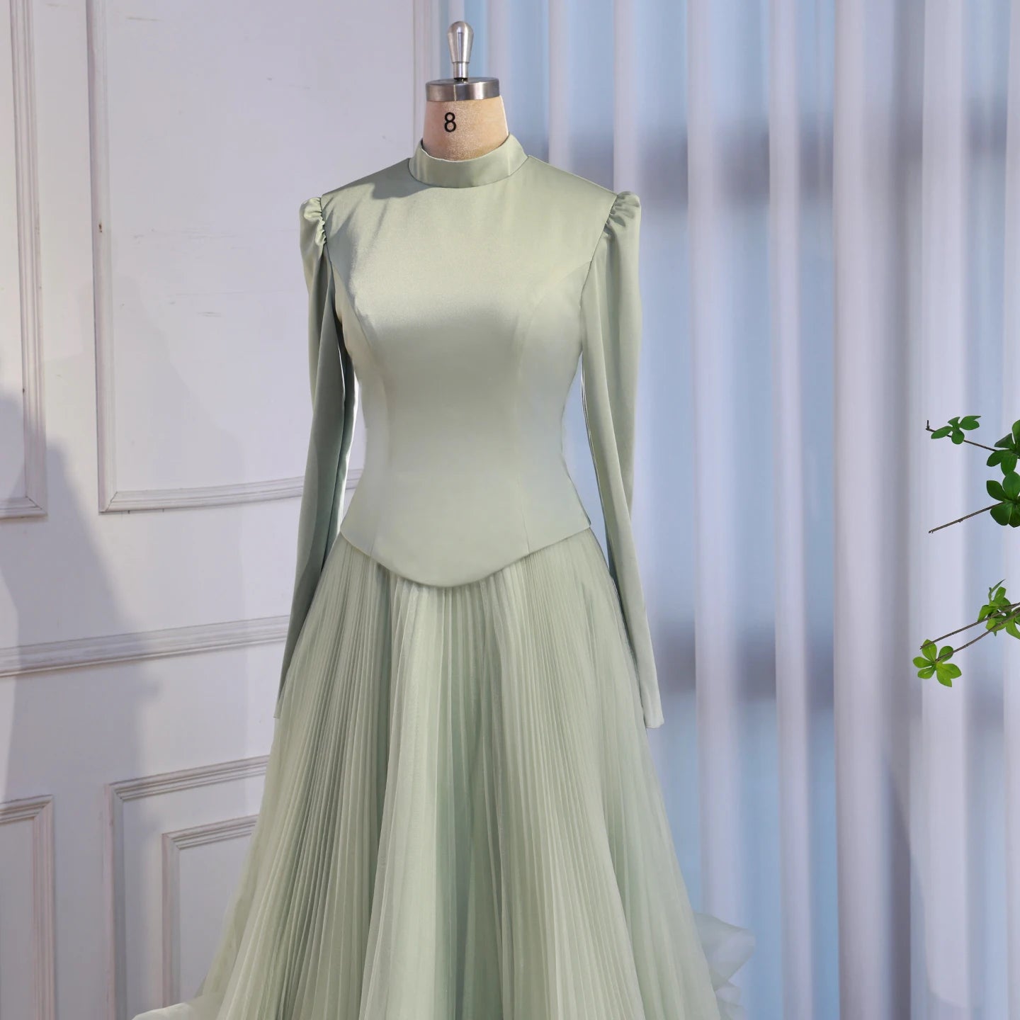 Luxury Sage Green Modest Muslim 3D Flower A-Line Evening Dress LA72913B - SERENE HILL