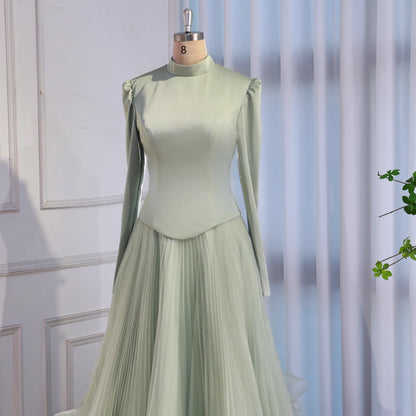 Luxury Sage Green Modest Muslim 3D Flower A-Line Evening Dress LA72913B - SERENE HILL