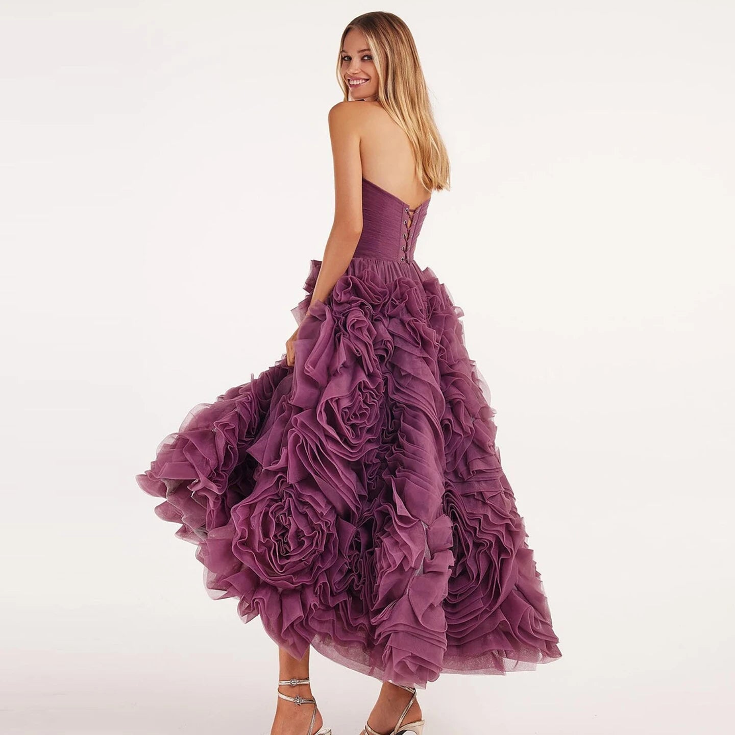 Luxury Purple 3D Rose Flower Strapless Princess Evening Dress LA73176 - SERENE HILL