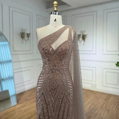 Luxury Caramel Beaded Mermaid Evening Dress with One Shoulder Cape LA73085 - SERENE HILL