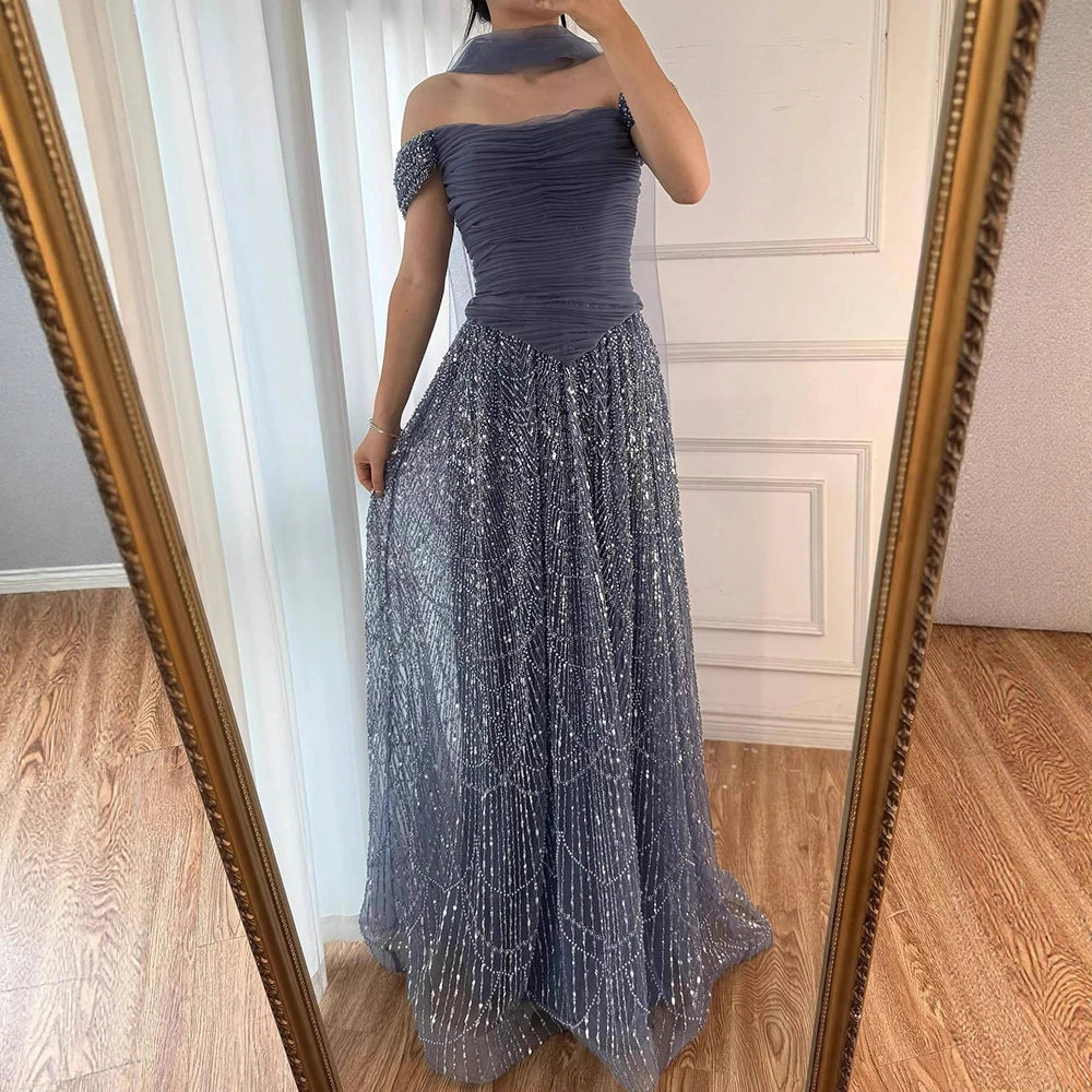 Luxury Arabic Pink Pearls Beaded Evening Dress With Cape LA72922 - SERENE HILL