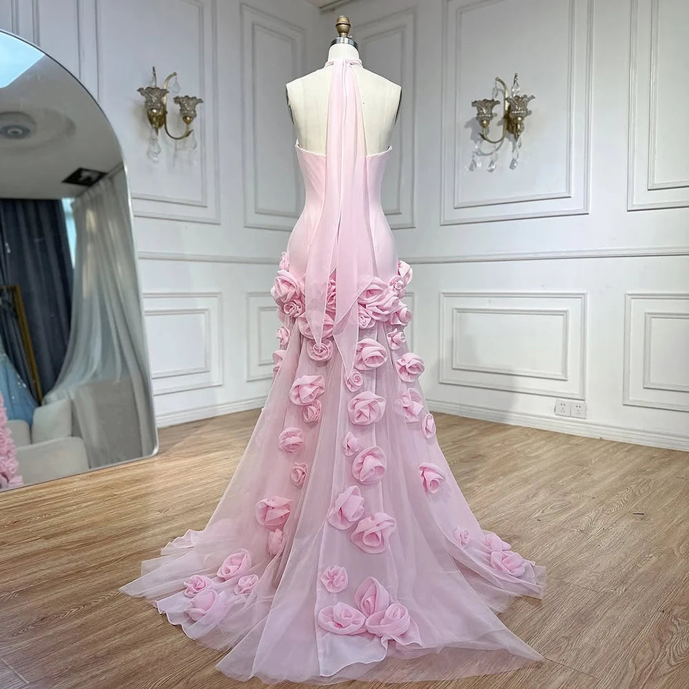 Elegant Evening Dress for Girls Arabic Pink 3D Flowers Elegant Srapless Dress Side Split Prom Party Gowns LA72568 - SERENE HILL