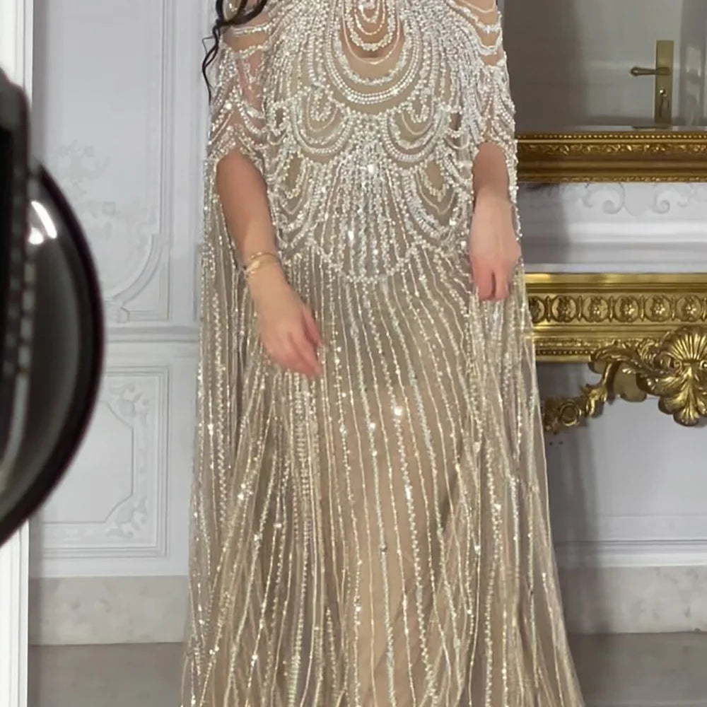 Luxury Silver Nude Beaded Mermaid Evening Dress with Cape LA72484A - SERENE HILL