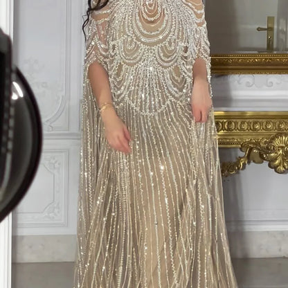 Luxury Silver Nude Beaded Mermaid Evening Dress with Cape LA72484A - SERENE HILL