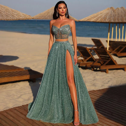 Luxury Dubai Customize Saudi Turquoise Two-Piece Evening Dress with High Split for Formal Occasion LA72786 - SERENE HILL