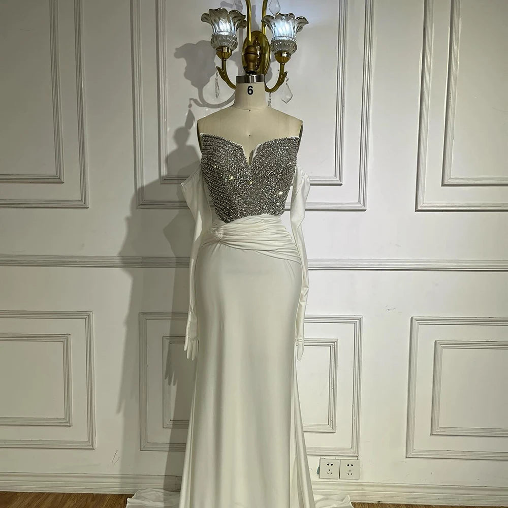 Luxury Dubai Elegant White Arabic Evening Gown with Crystal Beaded Dress and Gloves for Formal Occasion LA72758 - SERENE HILL
