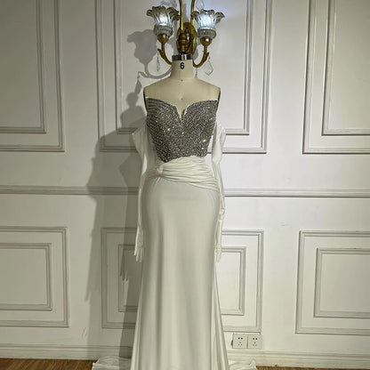 Luxury Dubai Elegant White Arabic Evening Gown with Crystal Beaded Dress and Gloves for Formal Occasion LA72758 - SERENE HILL