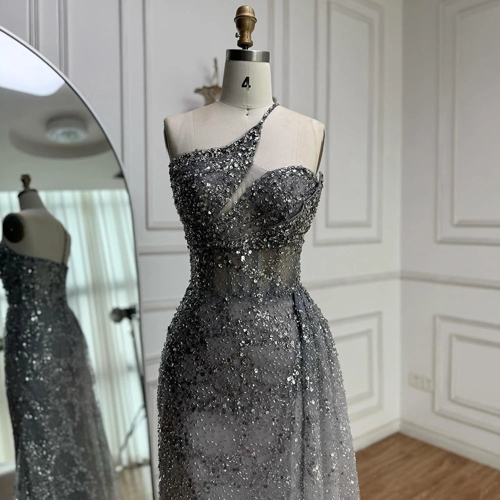 Luxury Silver Gray Crystal Beaded One Shoulder Evening Dress with Overskirt LA73160 - SERENE HILL