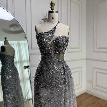 Luxury Silver Gray Crystal Beaded One Shoulder Evening Dress with Overskirt LA73160 - SERENE HILL