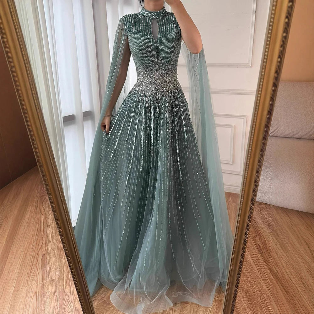 Luxury Modest Blue Beaded Evening Dress with Cape LA73059 turquoise / 16