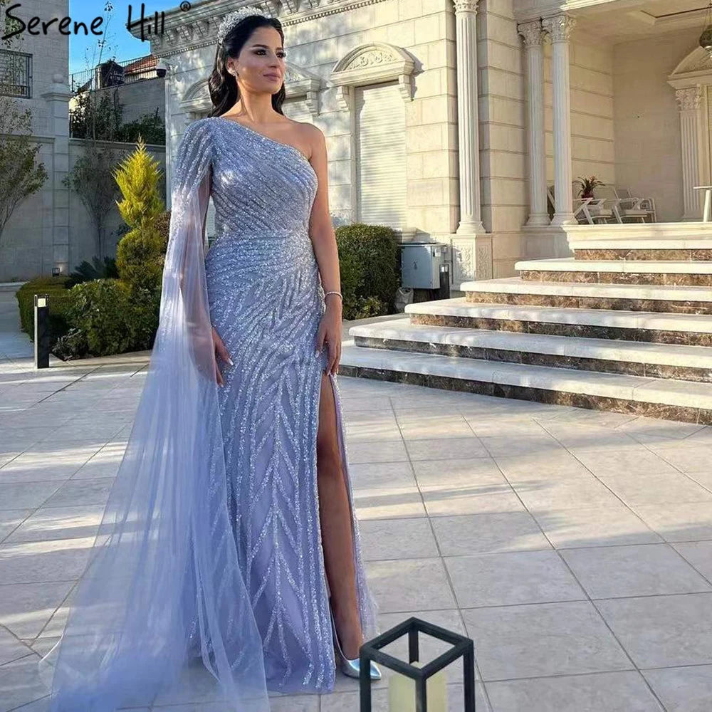 Serene Hill Lilac High Split Mermaid Elegant One Shoulder Evening Dresses Gowns Luxury Beaded 2025 For Women Party LA71493 - SERENE HILL