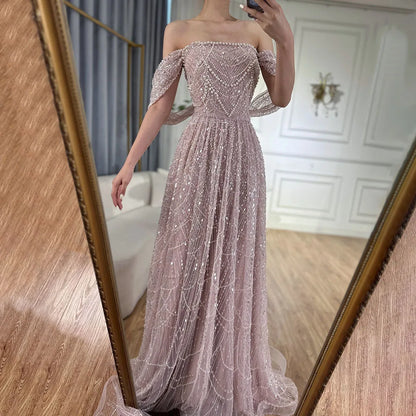 Luxury Beaded Champagne Off-Shoulder Evening Dress LA72738 - SERENE HILL