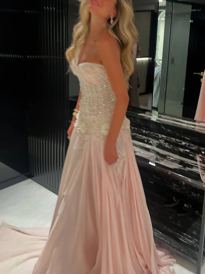 Luxury Pink Arabic Floral chiffon Evening Dress With Cape LA73451 - SERENE HILL