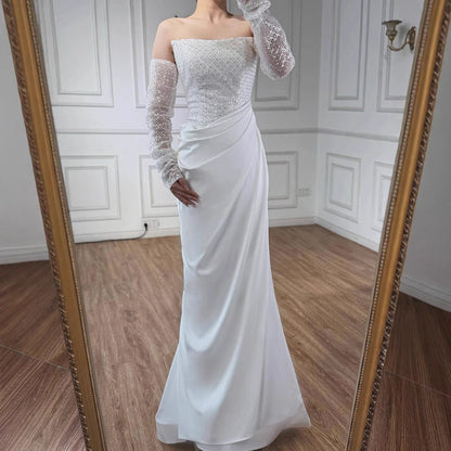White Beaded Evening Dress with Detachable Sleeves LA72293A - SERENE HILL