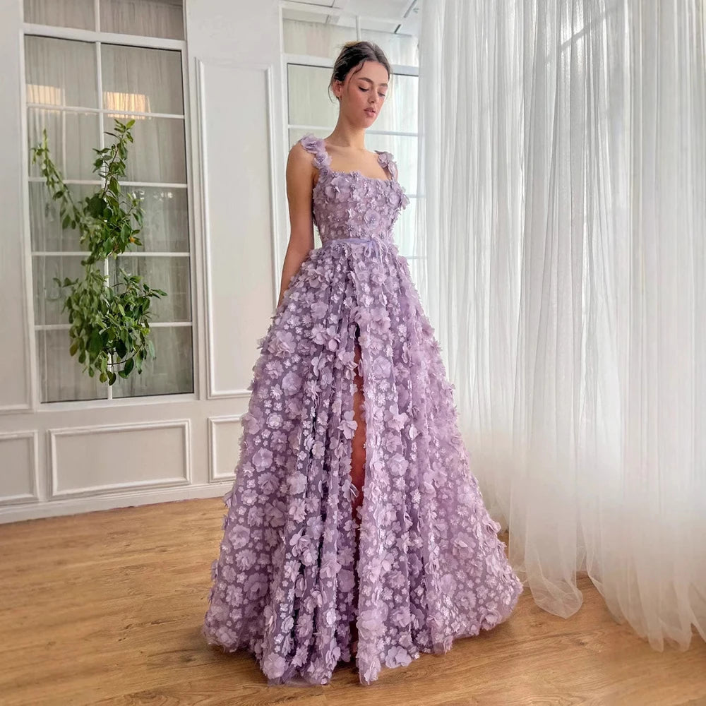 Luxury Lilac 3D Floral Embroidered Split Evening Dress LA72959 - SERENE HILL